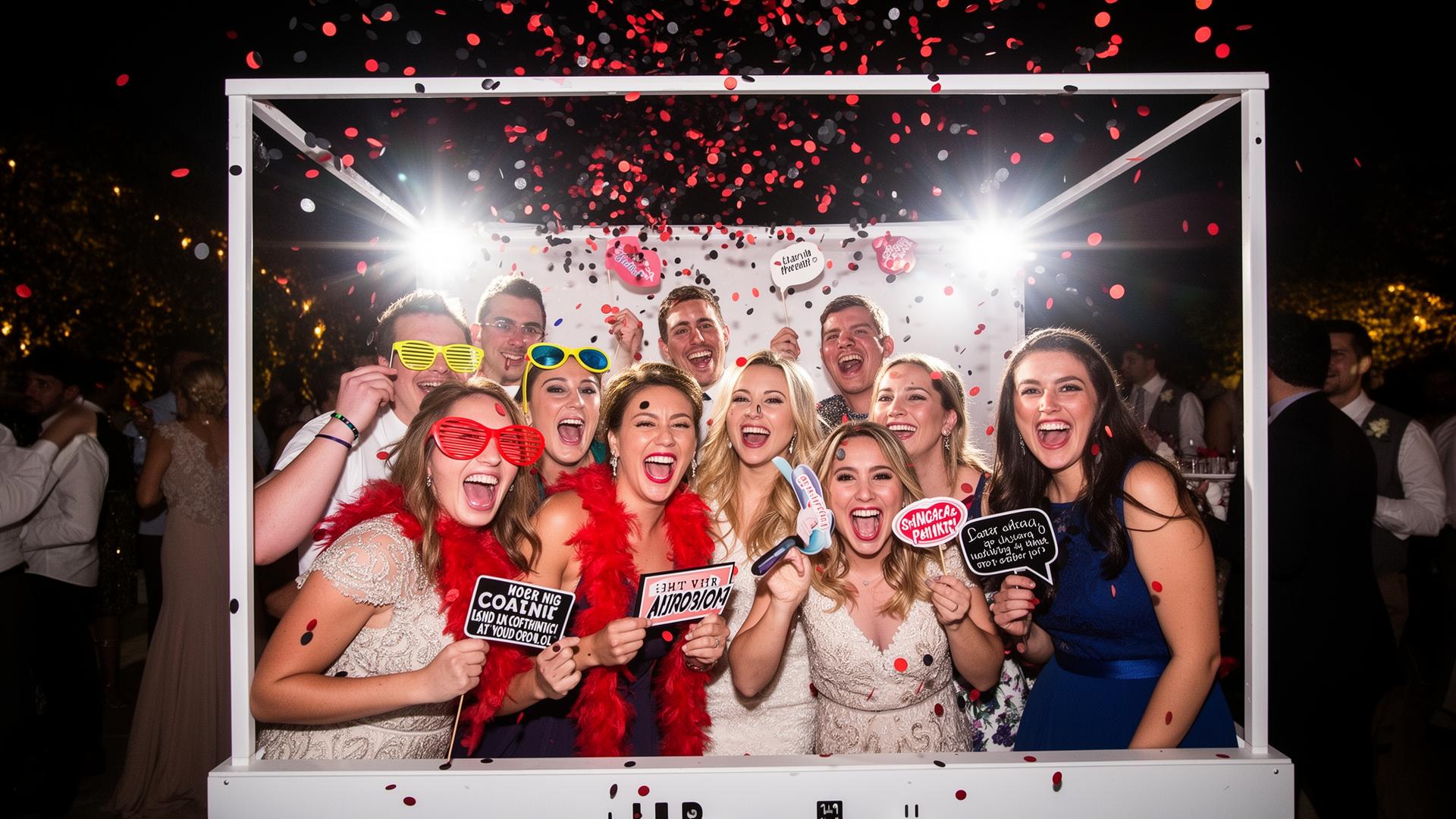 Friends laughing in a photo booth with confetti